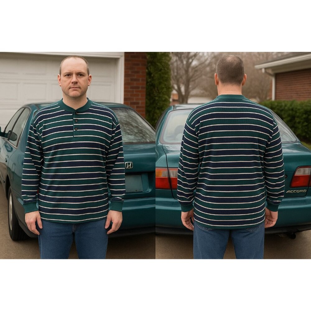 Vintage Bristol Blues Henley Shirt 2XL Green Navy Stripe Long Sleeve 90s USA